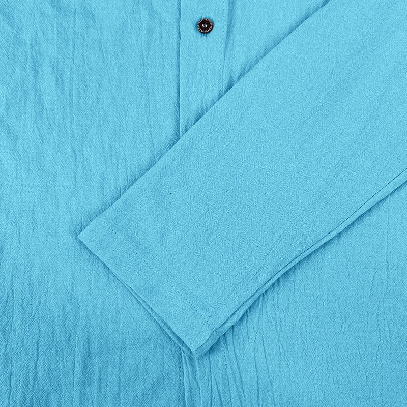 Buddha Stones Solid Color Long Sleeve Hooded Drawstring Buttons Linen Men's Shirt - image 23