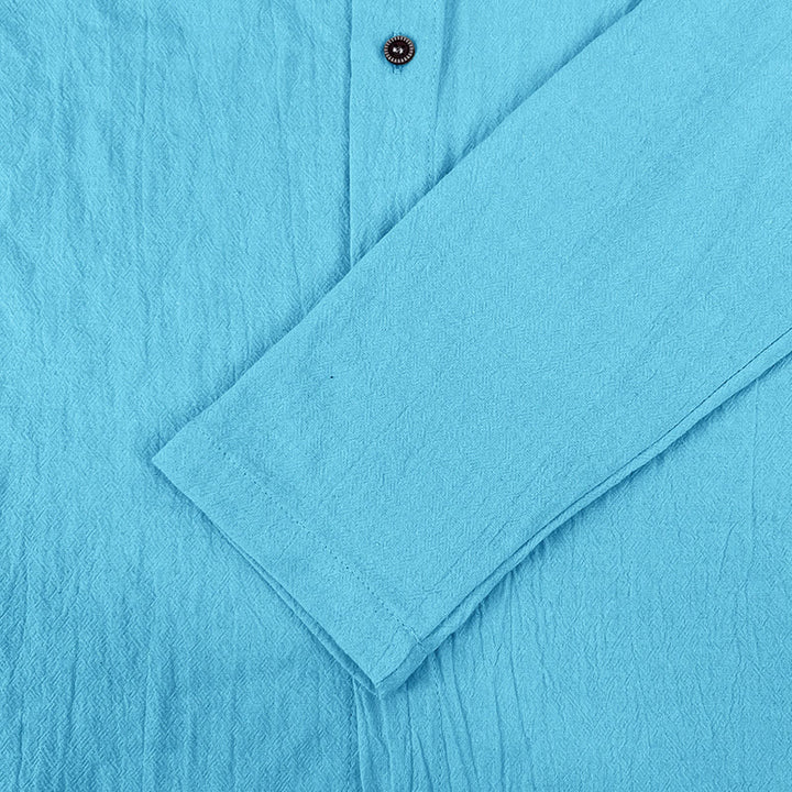 Buddha Stones Solid Color Long Sleeve Hooded Drawstring Buttons Linen Men's Shirt - image 23