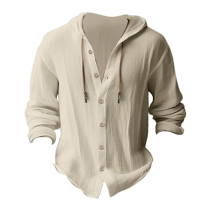 Buddha Stones Solid Color Long Sleeve Hooded Drawstring Buttons Linen Men's Shirt - image 26