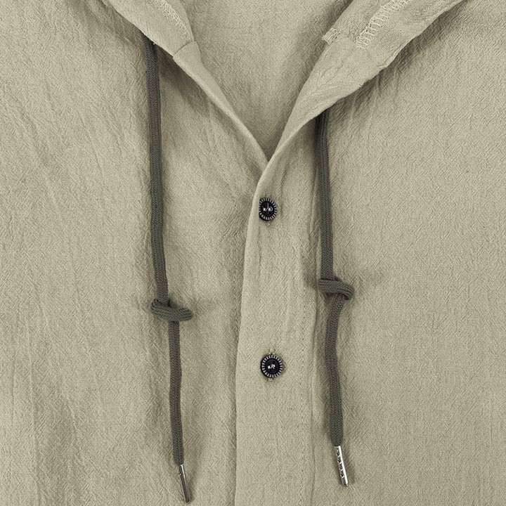 Buddha Stones Solid Color Long Sleeve Hooded Drawstring Buttons Linen Men's Shirt - image 29