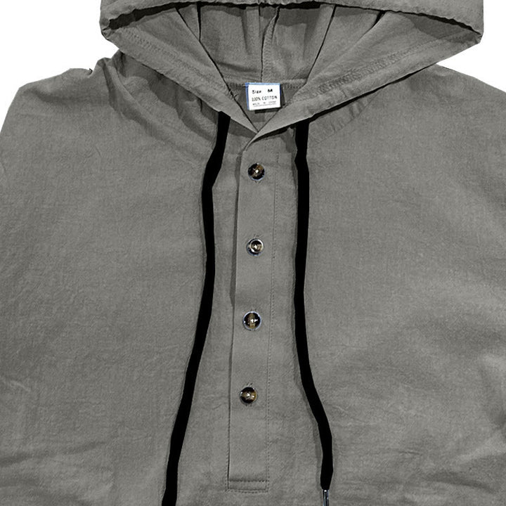 Buddha Stones Solid Color Fall Half Buttons Men's Hooded Long Sleeve Cotton Shirt - image 11