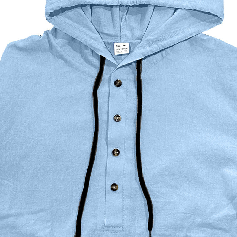 Buddha Stones Solid Color Fall Half Buttons Men's Hooded Long Sleeve Cotton Shirt - image 2