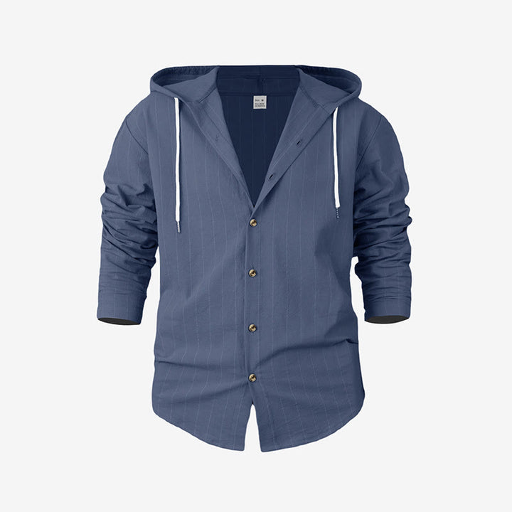Buddha Stones Solid Long Sleeve Hooded Stripes Drawstring Buttons Linen Men's Shirt - SteelBlue - US/UK/AU46，EU56 (3XL) - image 1