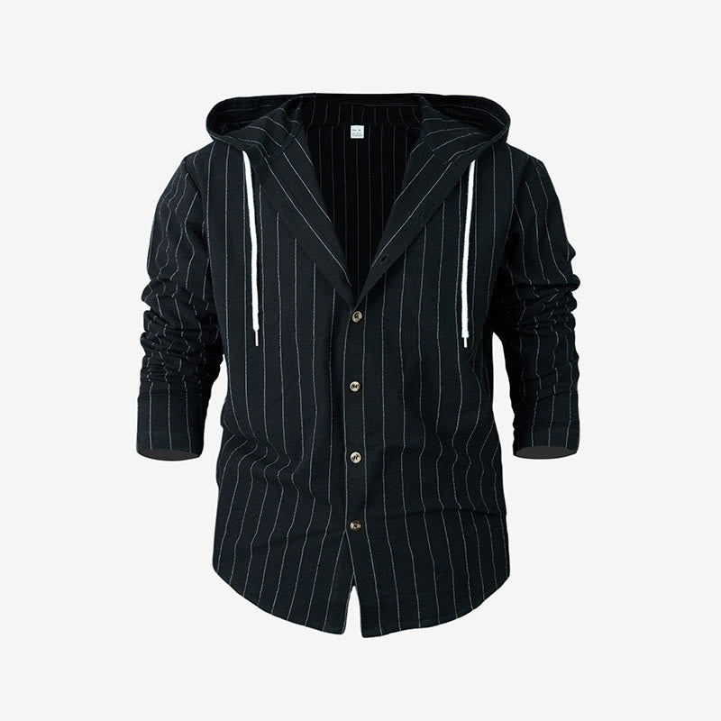 Buddha Stones Solid Long Sleeve Hooded Stripes Drawstring Buttons Linen Men's Shirt - Black - US/UK/AU46，EU56 (3XL) - image 15