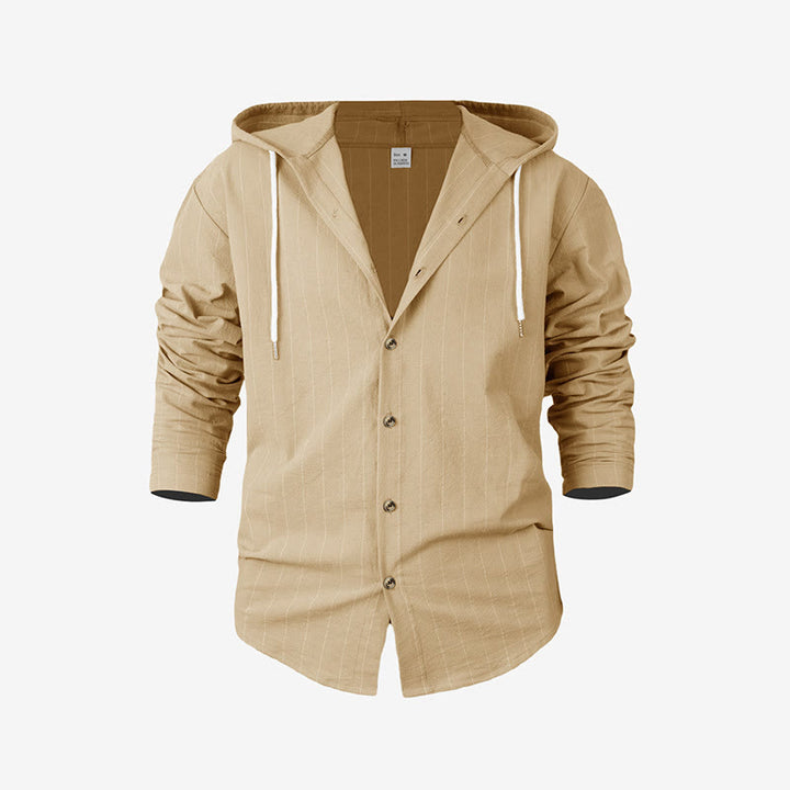 Buddha Stones Solid Long Sleeve Hooded Stripes Drawstring Buttons Linen Men's Shirt - Wheat - US/UK/AU46，EU56 (3XL) - image 22