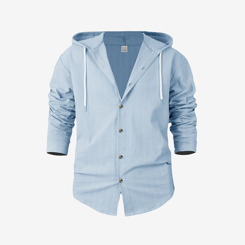 Buddha Stones Solid Long Sleeve Hooded Stripes Drawstring Buttons Linen Men's Shirt - LightSkyBlue - US/UK/AU46，EU56 (3XL) - image 29