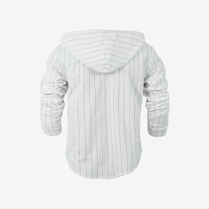 Buddha Stones Solid Long Sleeve Hooded Stripes Drawstring Buttons Linen Men's Shirt - image 9