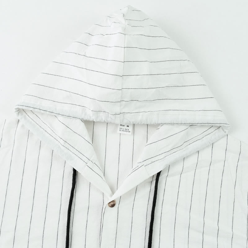 Buddha Stones Solid Long Sleeve Hooded Stripes Drawstring Buttons Linen Men's Shirt - image 10