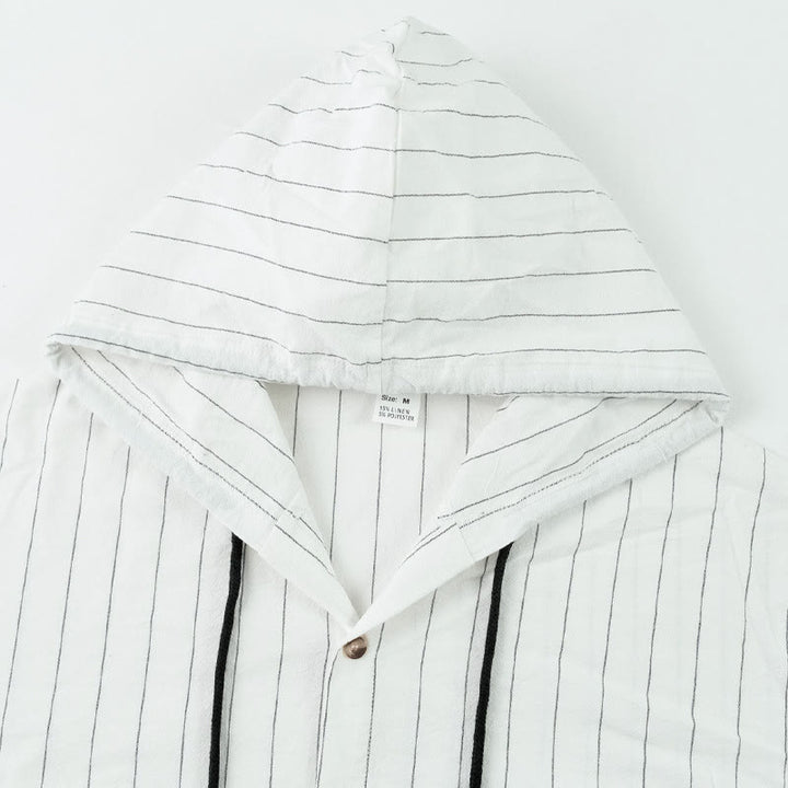Buddha Stones Solid Long Sleeve Hooded Stripes Drawstring Buttons Linen Men's Shirt - image 10
