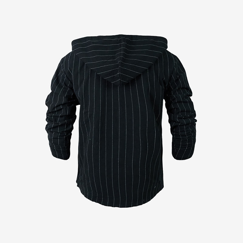 Buddha Stones Solid Long Sleeve Hooded Stripes Drawstring Buttons Linen Men's Shirt - image 16