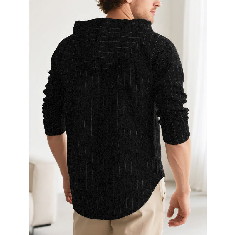 Buddha Stones Solid Long Sleeve Hooded Stripes Drawstring Buttons Linen Men's Shirt - image 21
