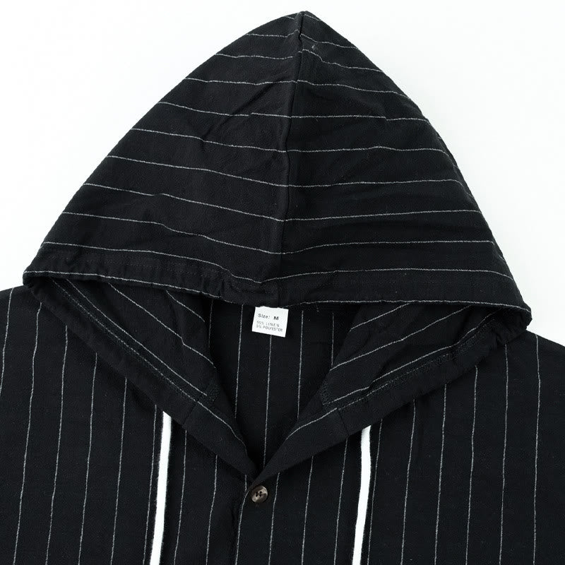 Buddha Stones Solid Long Sleeve Hooded Stripes Drawstring Buttons Linen Men's Shirt - image 17