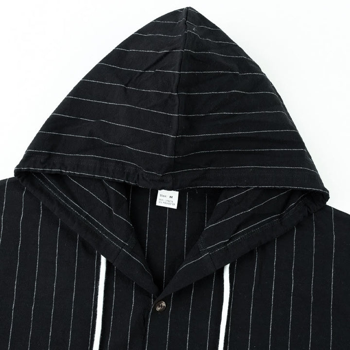 Buddha Stones Solid Long Sleeve Hooded Stripes Drawstring Buttons Linen Men's Shirt - image 17