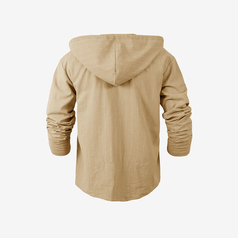 Buddha Stones Solid Long Sleeve Hooded Stripes Drawstring Buttons Linen Men's Shirt - image 23