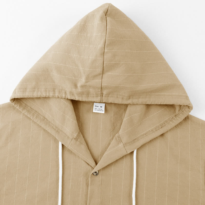 Buddha Stones Solid Long Sleeve Hooded Stripes Drawstring Buttons Linen Men's Shirt - image 24