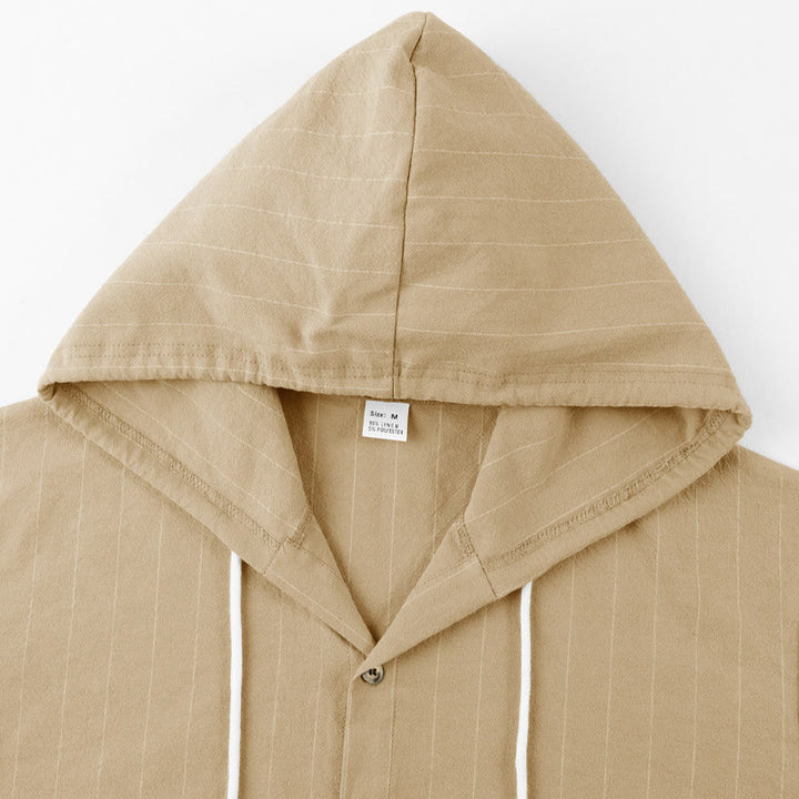 Buddha Stones Solid Long Sleeve Hooded Stripes Drawstring Buttons Linen Men's Shirt - image 24