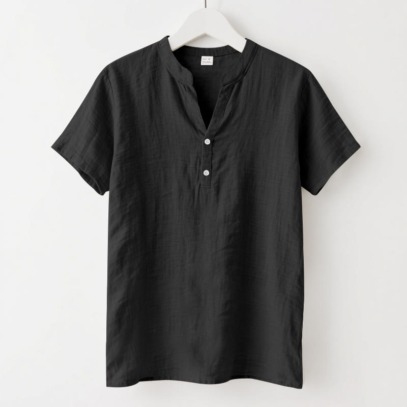 Buddha Stones Solid Summer Short Sleeve Half Buttons Linen Men's Shirt - Black - US/UK/AU46，EU56 (3XL) - image 1