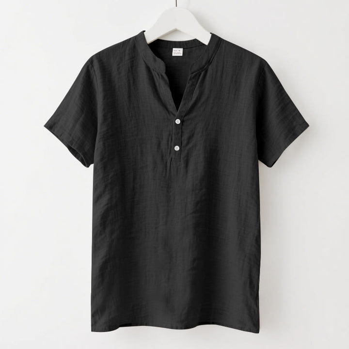 Buddha Stones Solid Summer Short Sleeve Half Buttons Linen Men's Shirt - Black - US/UK/AU46，EU56 (3XL) - image 1