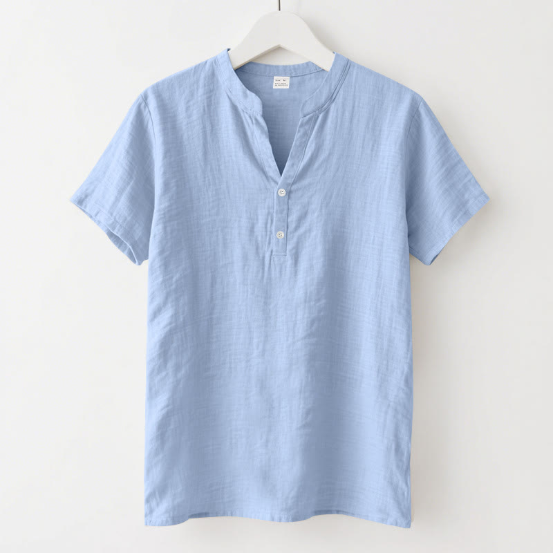 Buddha Stones Solid Summer Short Sleeve Half Buttons Linen Men's Shirt - LightSkyBlue - US/UK/AU46，EU56 (3XL) - image 18
