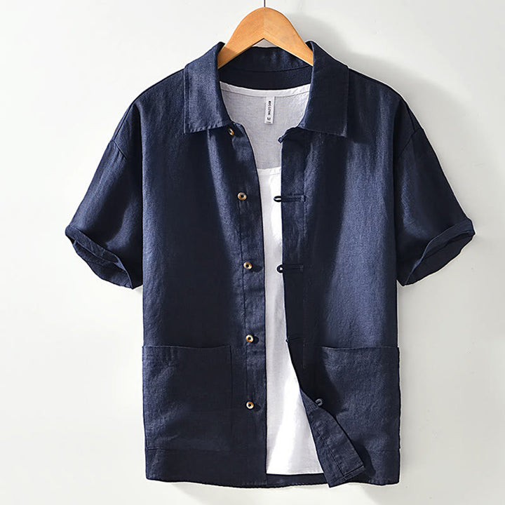 Buddha Stones Solid Summer Short Sleeve Buttons Linen Men's Shirt With Pockets - SteelBlue - US/UK/AU42，EU52 (3XL) - image 15