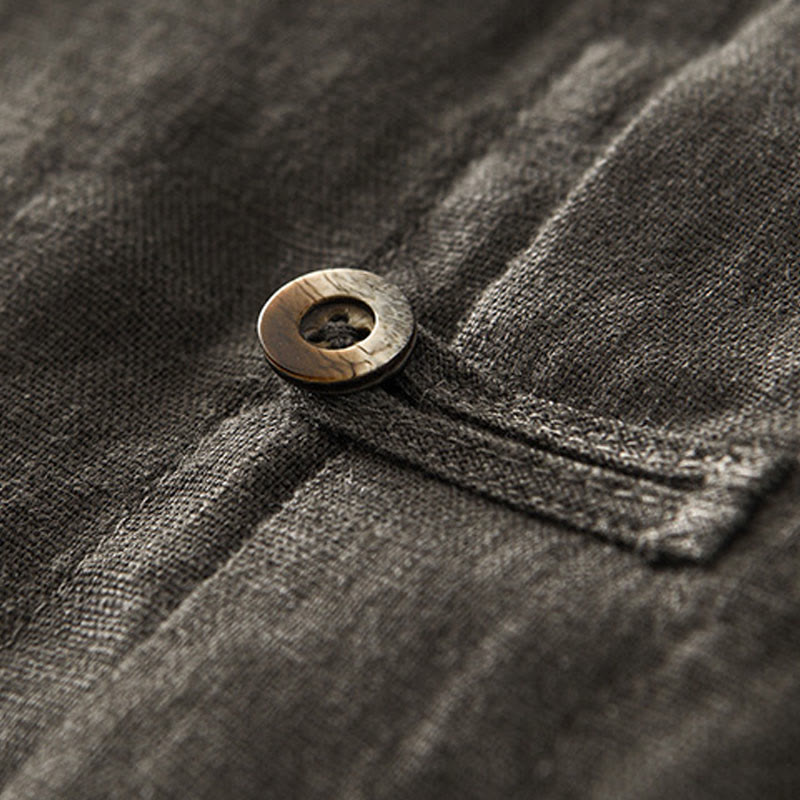 Buddha Stones Solid Summer Short Sleeve Buttons Linen Men's Shirt With Pockets - image 25