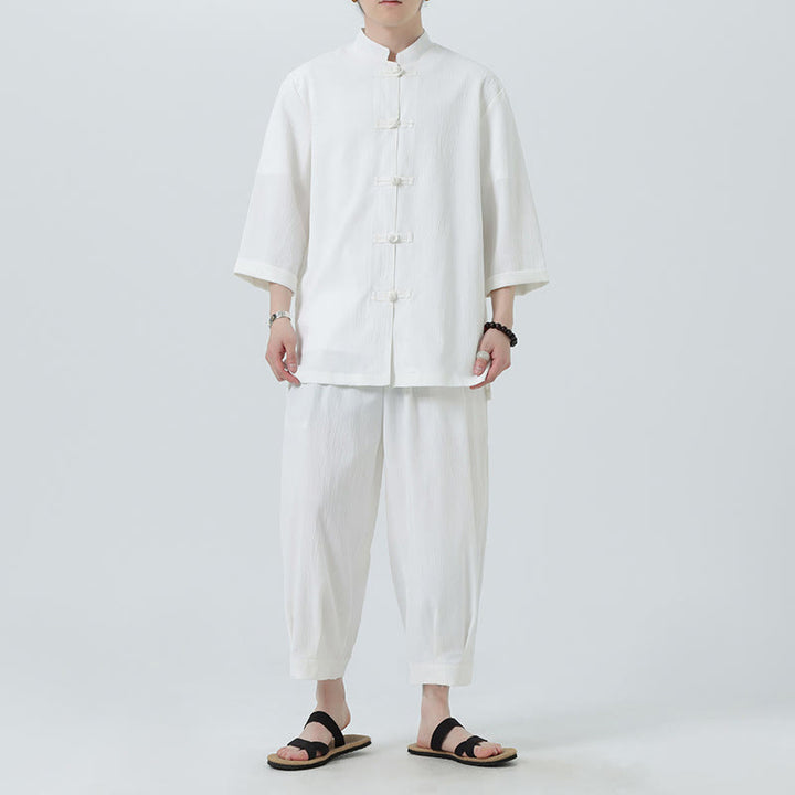 Buddha Stones 2Pcs Solid Frog-Button Three Quarter Sleeve Shirt Pants Men's Set - White - US/UK/AU46，EU56 (5XL) - image 12