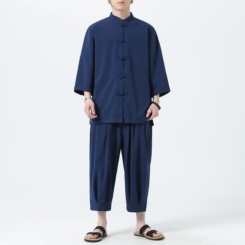 Buddha Stones 2Pcs Solid Frog-Button Three Quarter Sleeve Shirt Pants Men's Set - SteelBlue - US/UK/AU46，EU56 (5XL) - image 45