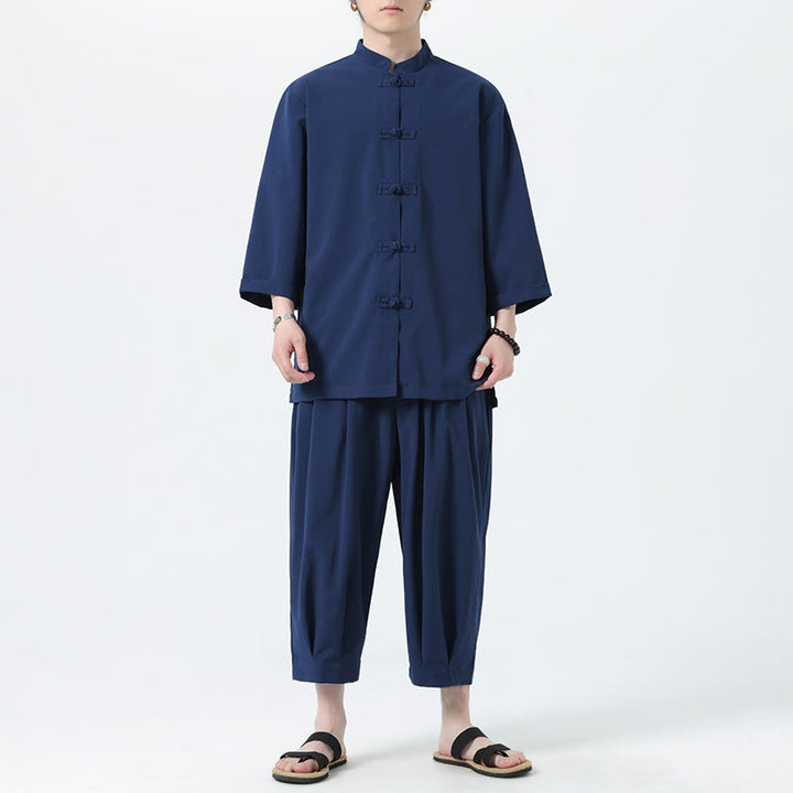 Buddha Stones 2Pcs Solid Frog-Button Three Quarter Sleeve Shirt Pants Men's Set - SteelBlue - US/UK/AU46，EU56 (5XL) - image 45