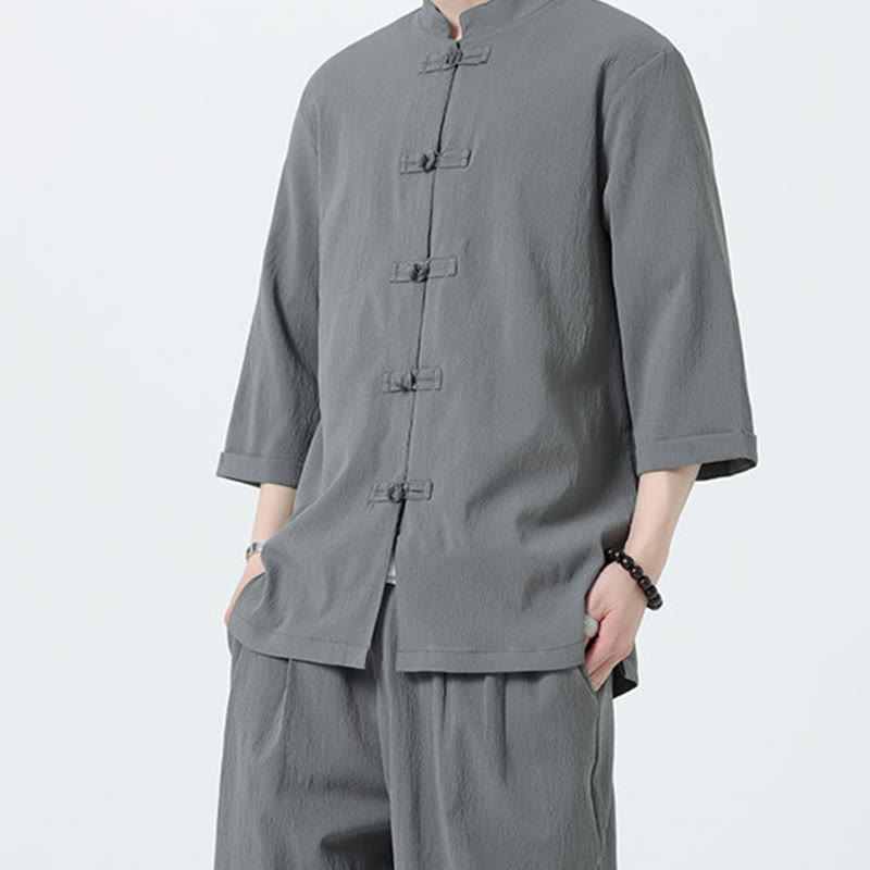 Buddha Stones 2Pcs Solid Frog-Button Three Quarter Sleeve Shirt Pants Men's Set - image 6