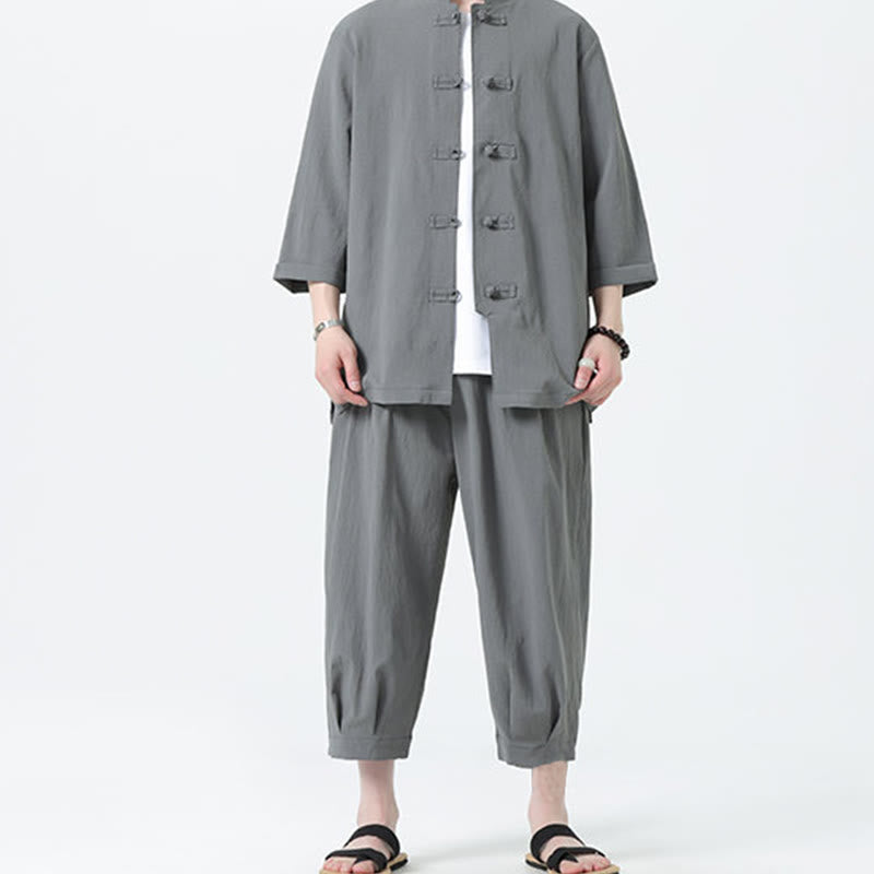 Buddha Stones 2Pcs Solid Frog-Button Three Quarter Sleeve Shirt Pants Men's Set - image 5