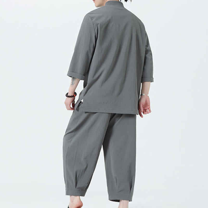 Buddha Stones 2Pcs Solid Frog-Button Three Quarter Sleeve Shirt Pants Men's Set - image 2