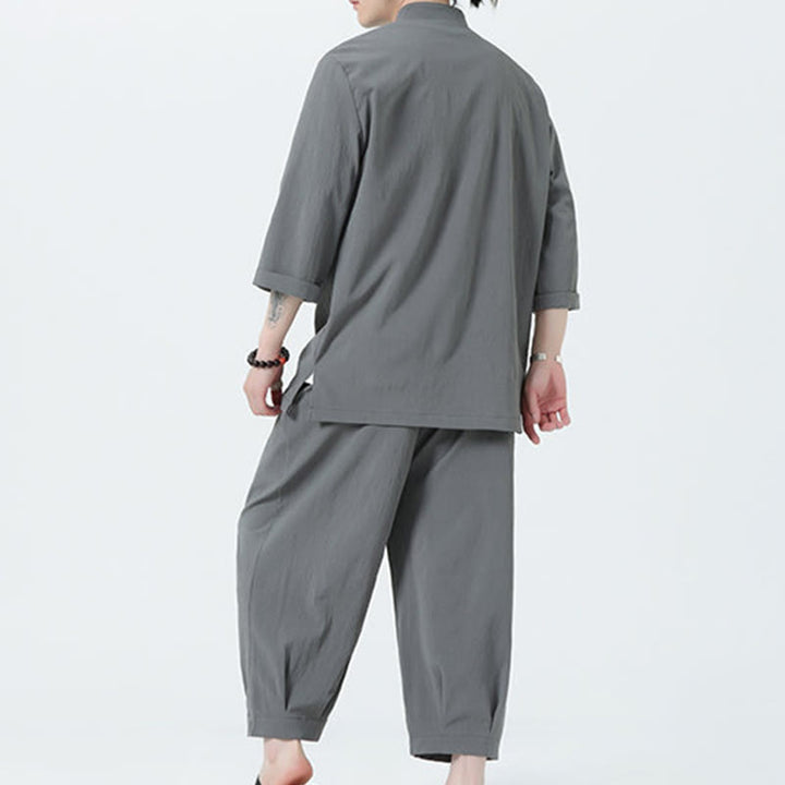 Buddha Stones 2Pcs Solid Frog-Button Three Quarter Sleeve Shirt Pants Men's Set - image 2