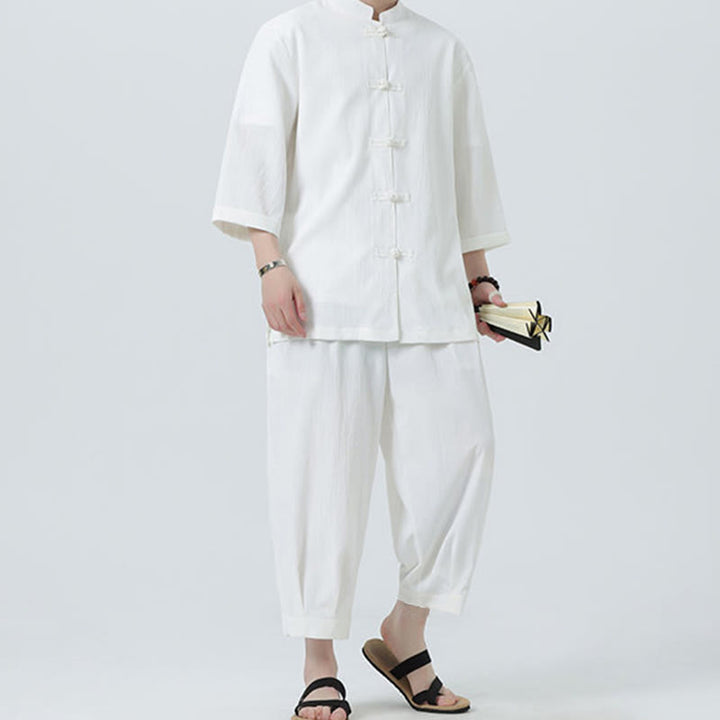 Buddha Stones 2Pcs Solid Frog-Button Three Quarter Sleeve Shirt Pants Men's Set - image 15