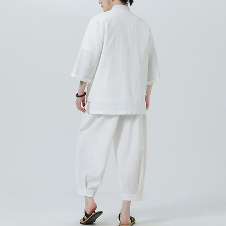 Buddha Stones 2Pcs Solid Frog-Button Three Quarter Sleeve Shirt Pants Men's Set - image 14