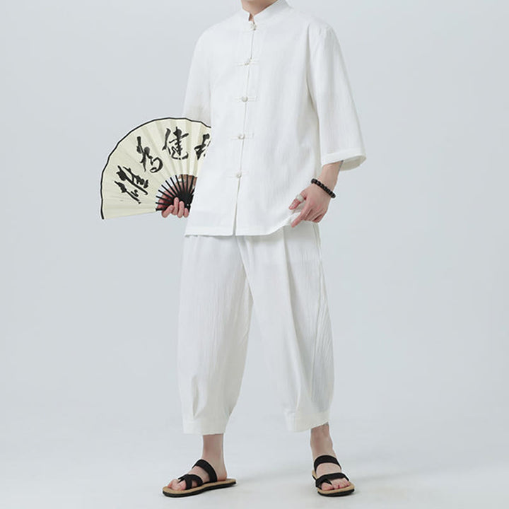 Buddha Stones 2Pcs Solid Frog-Button Three Quarter Sleeve Shirt Pants Men's Set - image 17