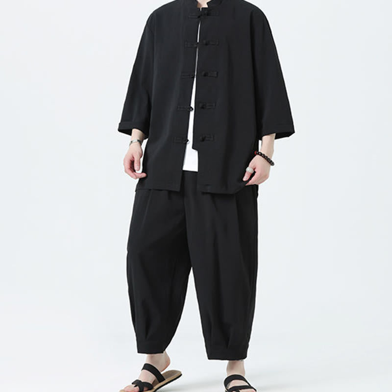 Buddha Stones 2Pcs Solid Frog-Button Three Quarter Sleeve Shirt Pants Men's Set - image 22