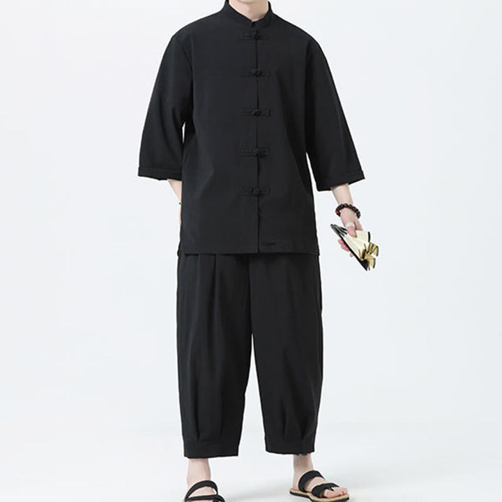 Buddha Stones 2Pcs Solid Frog-Button Three Quarter Sleeve Shirt Pants Men's Set - image 25