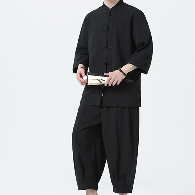 Buddha Stones 2Pcs Solid Frog-Button Three Quarter Sleeve Shirt Pants Men's Set - image 21
