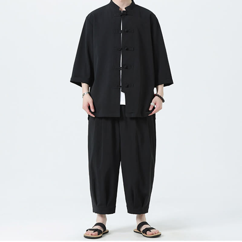 Buddha Stones 2Pcs Solid Frog-Button Three Quarter Sleeve Shirt Pants Men's Set - image 24