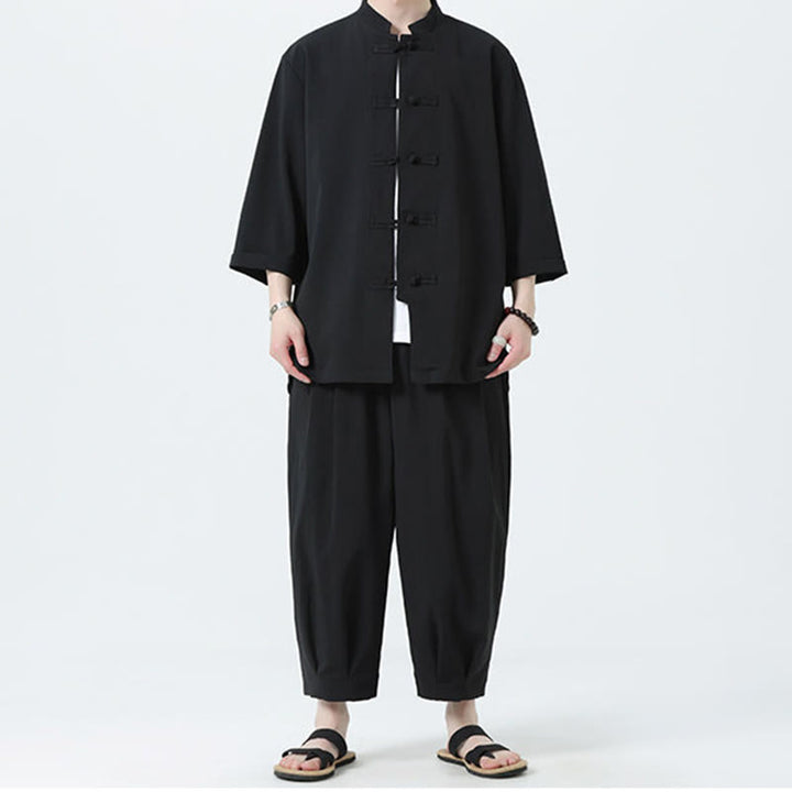 Buddha Stones 2Pcs Solid Frog-Button Three Quarter Sleeve Shirt Pants Men's Set - image 24