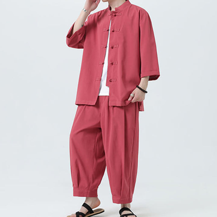 Buddha Stones 2Pcs Solid Frog-Button Three Quarter Sleeve Shirt Pants Men's Set - image 34