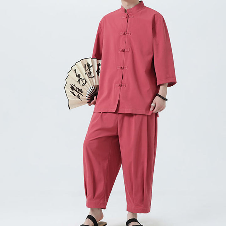 Buddha Stones 2Pcs Solid Frog-Button Three Quarter Sleeve Shirt Pants Men's Set - image 29