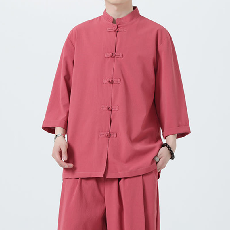Buddha Stones 2Pcs Solid Frog-Button Three Quarter Sleeve Shirt Pants Men's Set - image 35