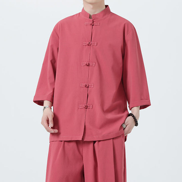 Buddha Stones 2Pcs Solid Frog-Button Three Quarter Sleeve Shirt Pants Men's Set - image 35