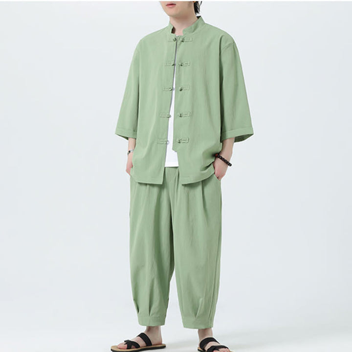 Buddha Stones 2Pcs Solid Frog-Button Three Quarter Sleeve Shirt Pants Men's Set - image 42