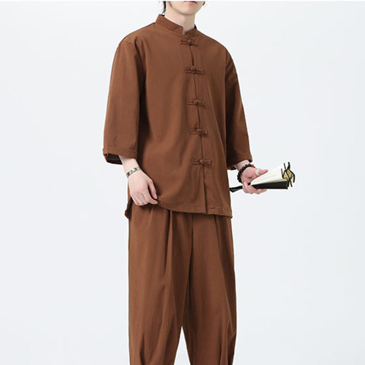 Buddha Stones 2Pcs Solid Frog-Button Three Quarter Sleeve Shirt Pants Men's Set - image 60