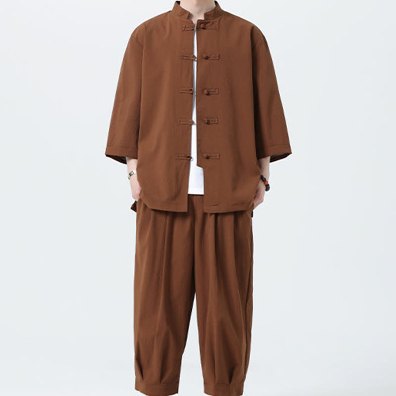 Buddha Stones 2Pcs Solid Frog-Button Three Quarter Sleeve Shirt Pants Men's Set - image 56