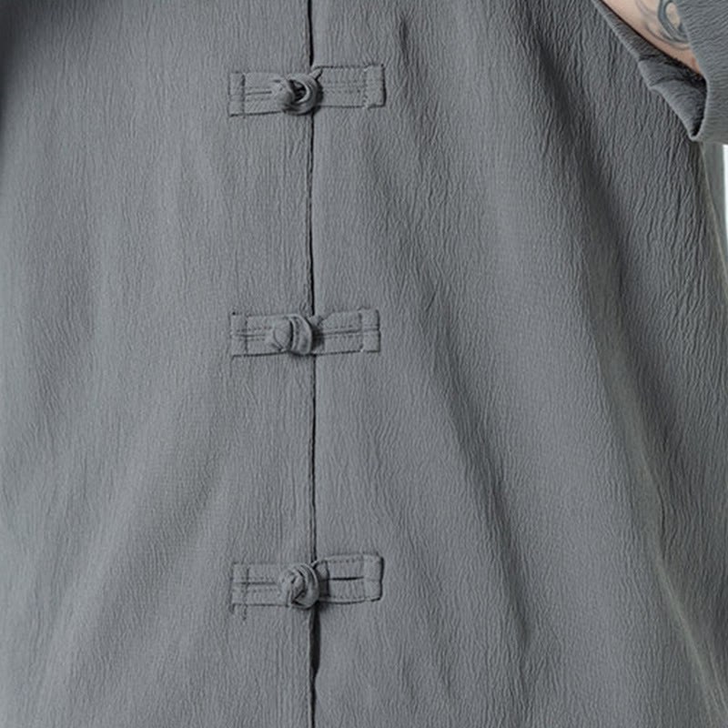 Buddha Stones 2Pcs Solid Frog-Button Three Quarter Sleeve Shirt Pants Men's Set - image 9