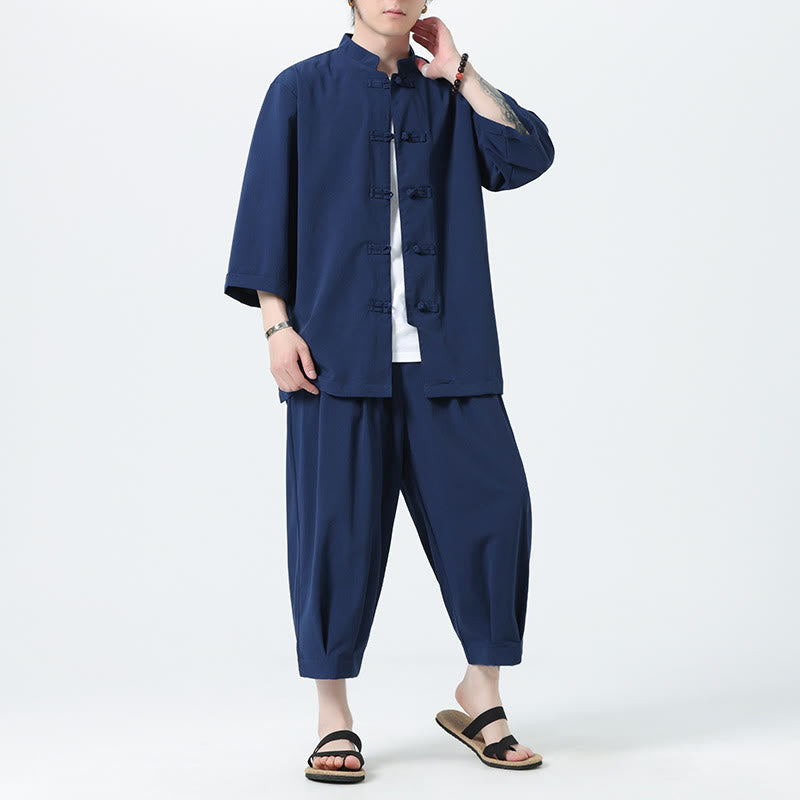 Buddha Stones 2Pcs Solid Frog-Button Three Quarter Sleeve Shirt Pants Men's Set - image 52