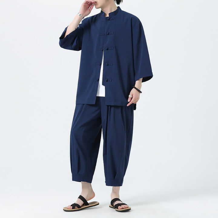 Buddha Stones 2Pcs Solid Frog-Button Three Quarter Sleeve Shirt Pants Men's Set - image 47
